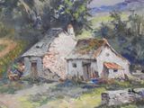 a painting of a house in a field with a horse