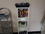 a shelf with various items on it in a room