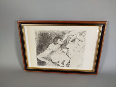 dessin encadré représentant une femme nue tenant une guitare, dans un cadre en bois