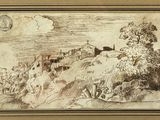 a drawing of a landscape with a village in the distance