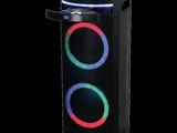 a close up of a speaker with two lights on it