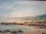 une image d'une peinture représentant une scène de plage avec un bateau dans l'eau