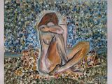 a painting of a woman sitting on the ground