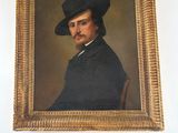 a painting of a man in a black hat and a painting of a man in a black suit