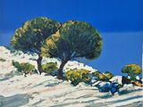 an image of a painting of two trees on a snowy hill