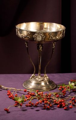 a silver bowl with berries on a purple cloth