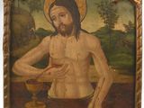 un vieux tableau représentant Jésus tenant une coupe dans sa main droite