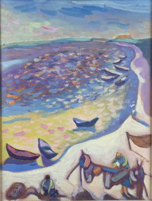 tableau représentant une scène de plage avec des bateaux et des personnes sur le rivage