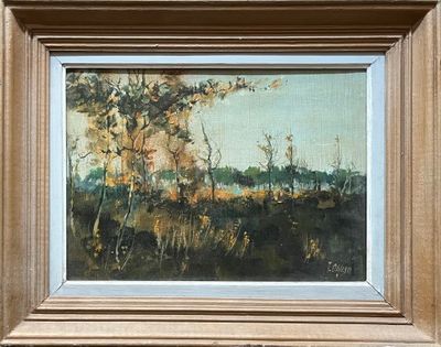 an oil painting of a field with trees in the distance