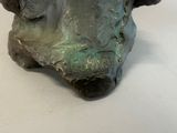 a bronze sculpture of a bull head on a table