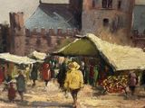 a painting of a woman walking down the street