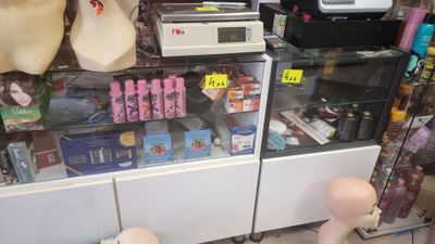 a display case filled with assorted items in a store