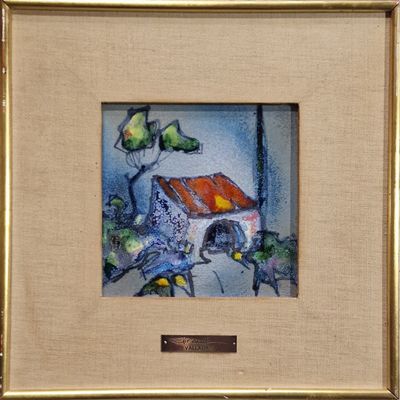 a picture of a painting of a house with a bird on it