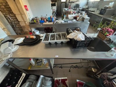 a view of a kitchen with a lot of dishes on the counter