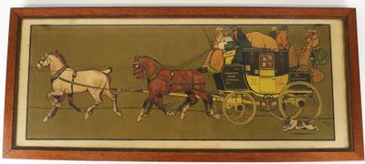 tableau représentant une calèche tirée par des chevaux avec des passagers à bord