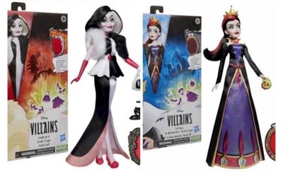 three disney villain dolls are shown in a row on a white background