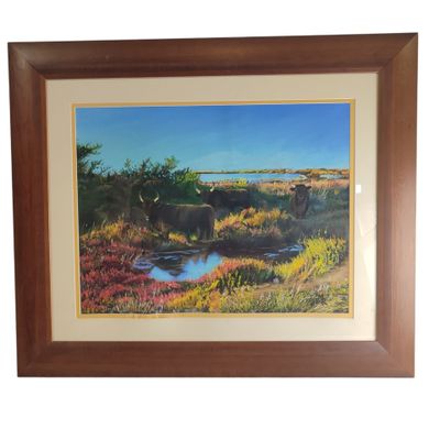 framed oil painting of a bull in a field by a stream