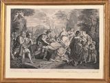 an antique print of a family gathering in a wooded setting