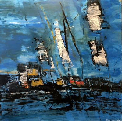 abstract painting of sailboats in a harbor with blue sky and clouds