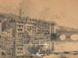 a drawing of a city with a bridge over a river