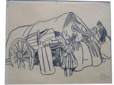 drawing of a wagon pulled by a man and a woman in a dress