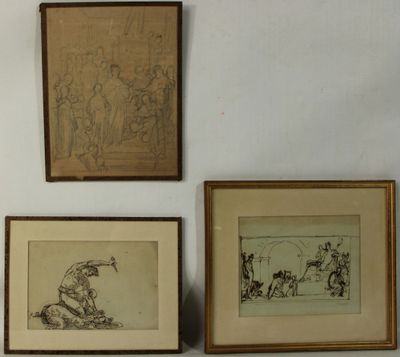 trois dessins encadrés représentant des personnes et des animaux, accrochés au mur d'une pièce