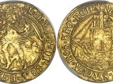 a close up of two gold coins on a white surface