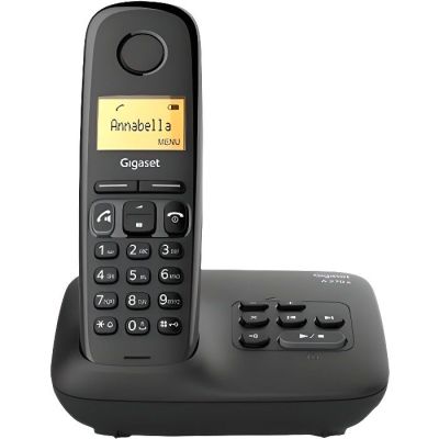 an image of a black corded phone with a yellow button