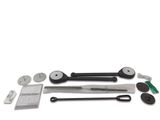 a picture of a set of tools and a calculator on a white background