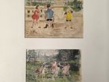two paintings of children playing with a dog in a park
