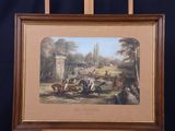 une vieille photo représentant un tableau représentant une course de chevaux posé sur un chevalet