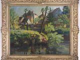 an image of a painting of a village by a river
