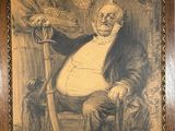 tableau représentant un vieil homme assis sur une chaise, une canne à la main