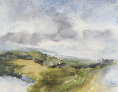 watercolor painting of a landscape of a green hill with a road in the foreground