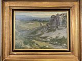 une peinture à l'huile représentant un paysage de montagne avec un château au loin
