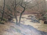 a painting of a stream running through a wooded area