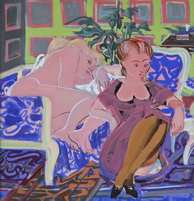 a painting of two women sitting on a blue couch