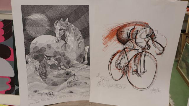 Deux gravures dédicacées de Roch Popelier « cycliste » « maternit...