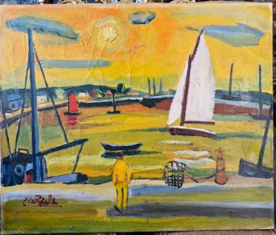 un tableau représentant un voilier sur la plage