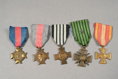 five medals are lined up in a row on a white surface