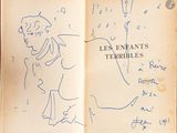 an old book with a drawing of a man holding a dog