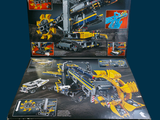 a box of lego technic construction toys on a blue background