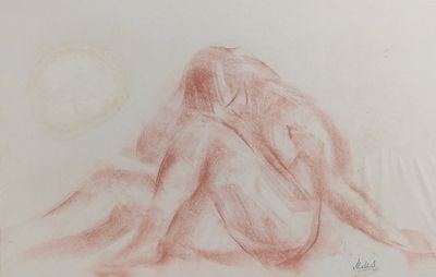 dessin représentant une femme assise par terre devant une pleine lune