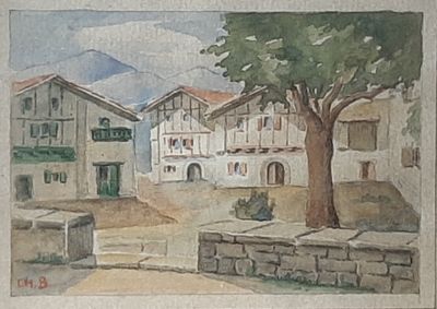 a watercolor painting of a tree in front of a building