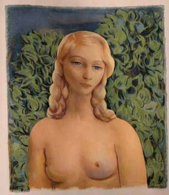 une image représentant un tableau d'une femme nue avec un buisson en arrière-plan