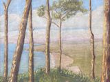 painting of a landscape with trees and a path leading to a beach