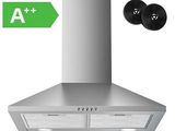 a and a stainless steel range hood with two black knobs