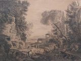 an old painting of a landscape with sheep in the foreground and a house in the background