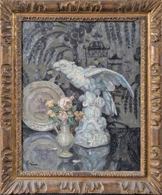 painting of a bird and a vase of flowers on a table