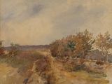 an image of a painting of a dirt road with trees in the background